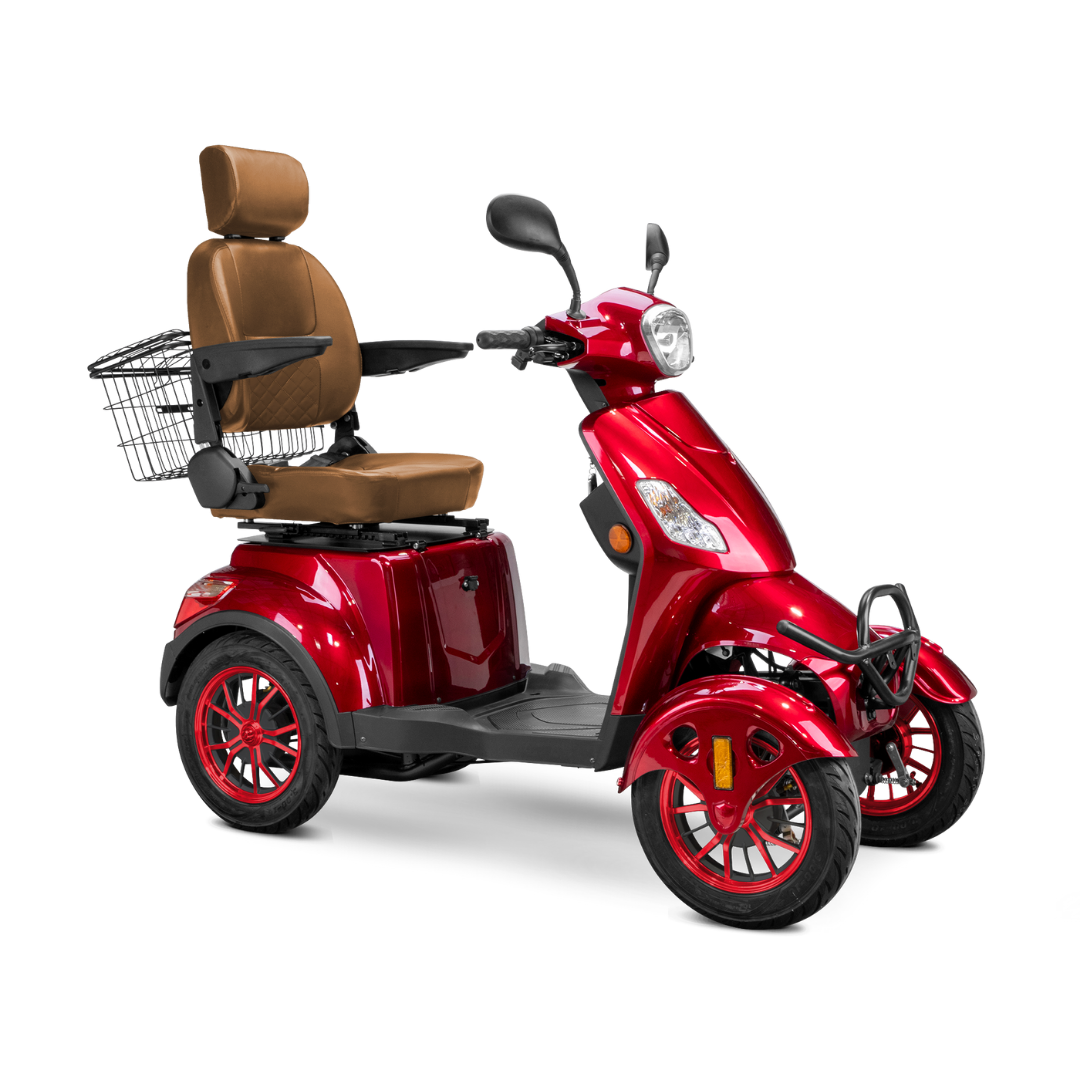 The Bespoke Prestige Recreational 4-Wheel Scooter, shown on a white background, features a shiny red finish, 600W motor, padded brown adjustable seat with armrests and headrest, handlebars, front headlight, and rear wire basket.